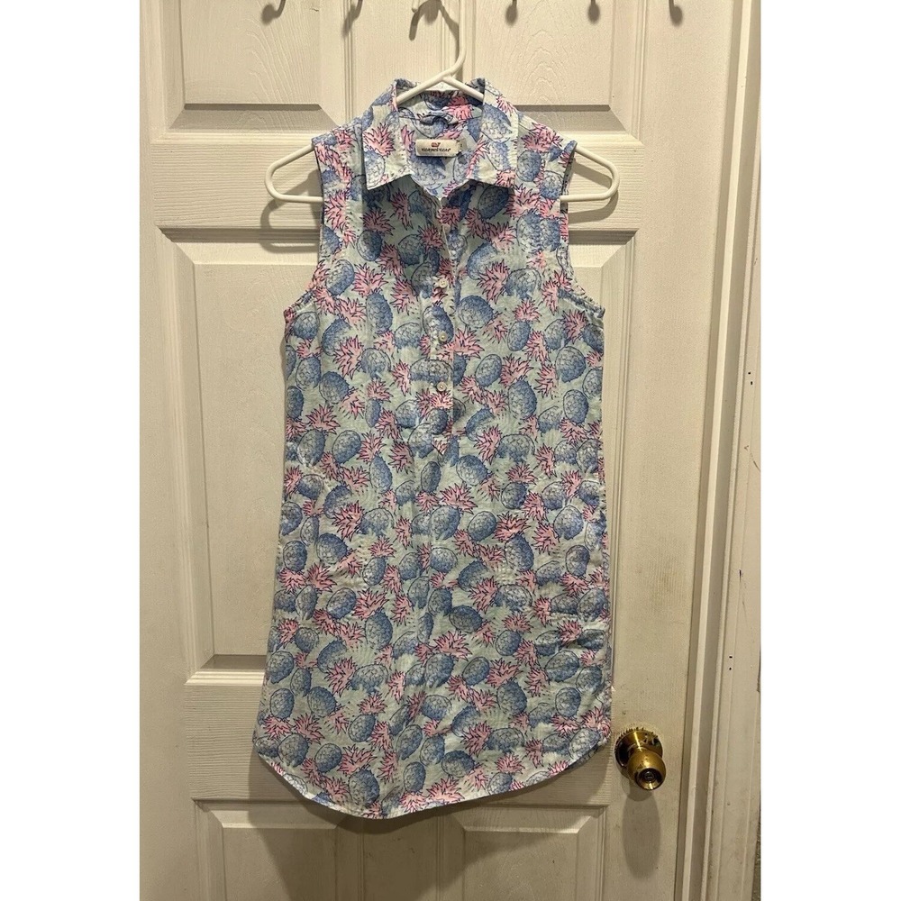 Vineyard Vines Womens Blue Pink Pineapple Linen Sleeveless Shift Dress 2 Coastal